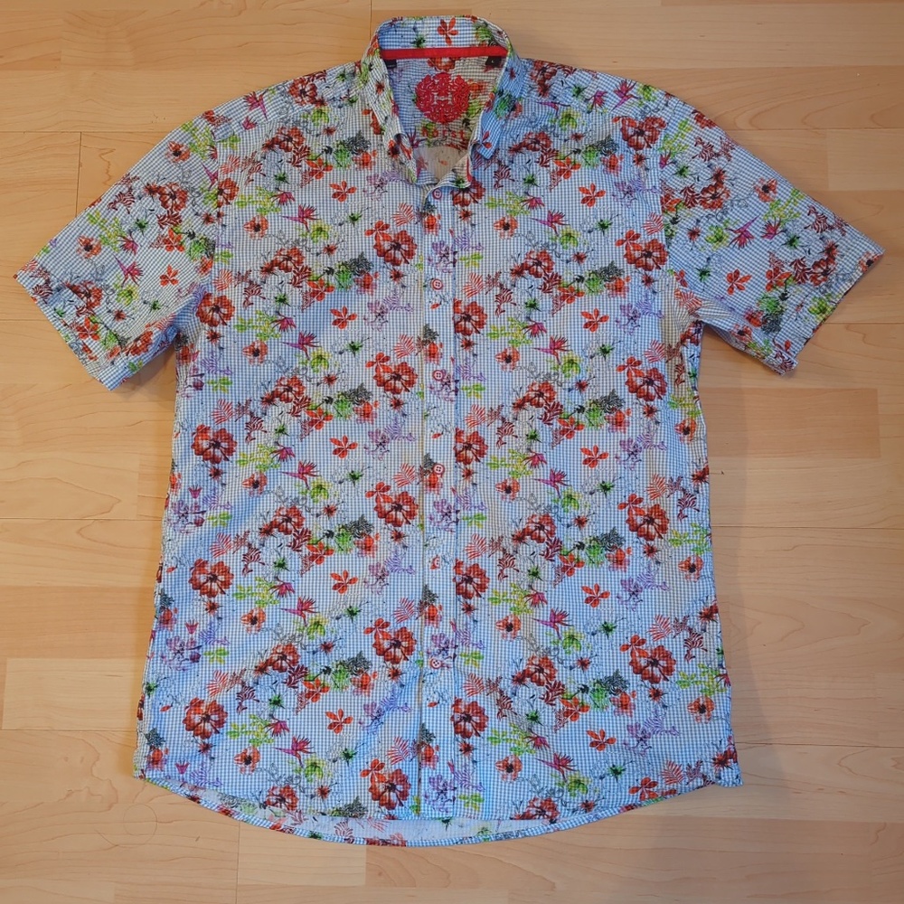 Horst Men’s L Floral Check Colourful Short Sleeve Button Down Shirt